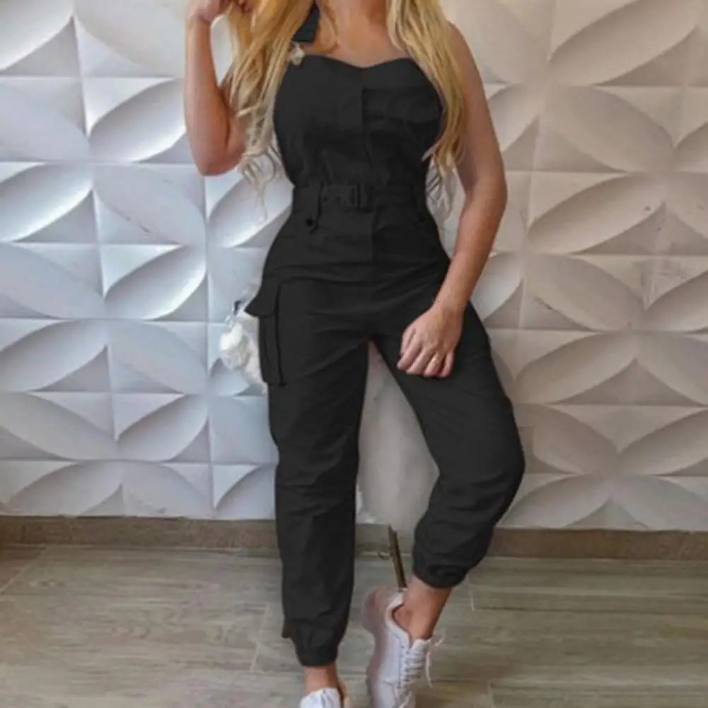 Women Bodycon Jumpsuit High Waist Halter Cargo Jumpsuit Summer Slim Trendy Casual Pocket Halter Overall Women Pants monos mujer 241230