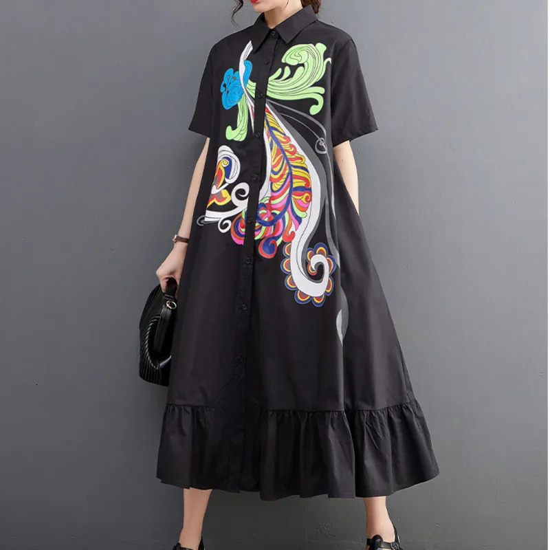 Wxw0214 Summer Black and Blue Flower Printed Long Dress Womens Pocket Loose A-line Dress Short Sleeve Retro Midi Dress Ruffle 250103