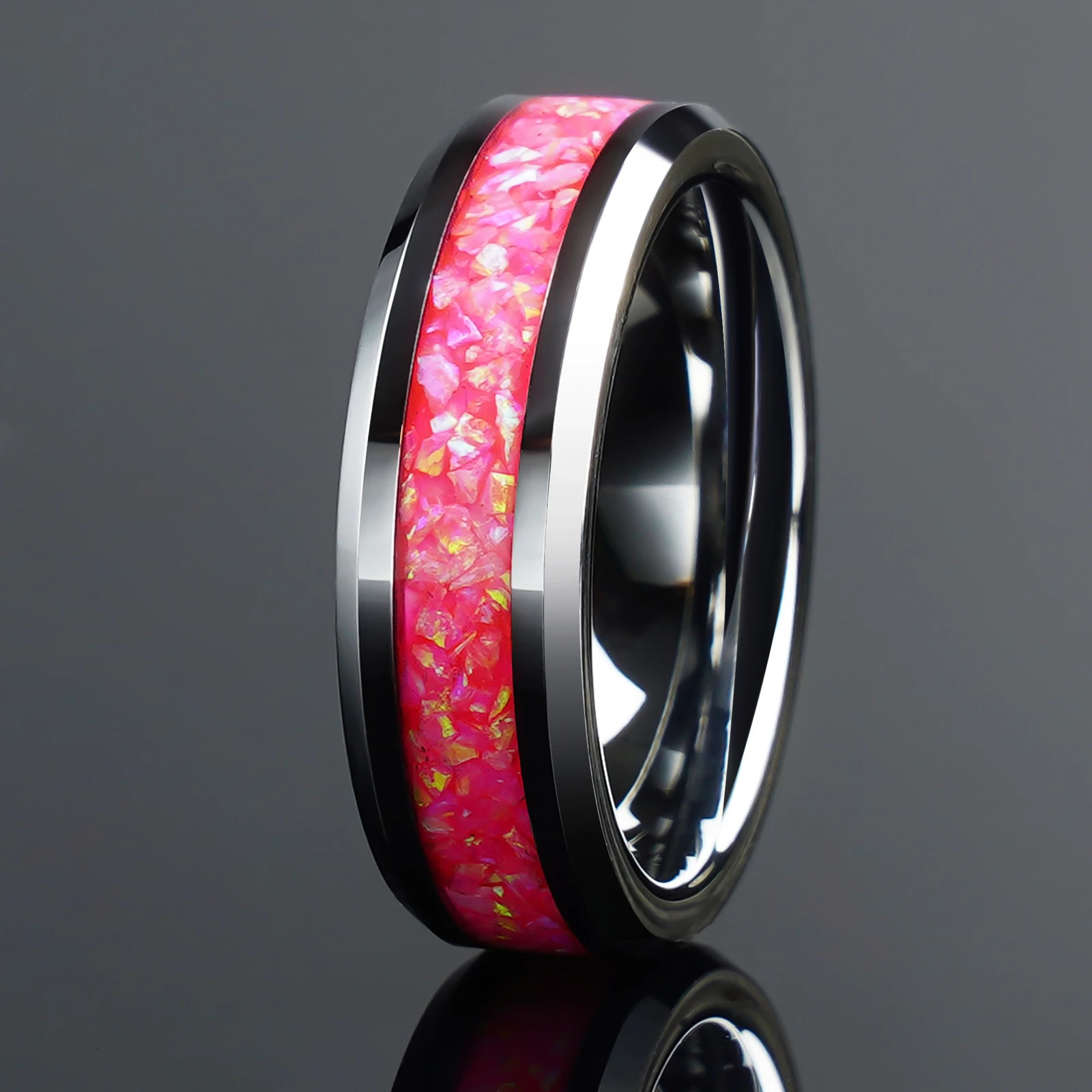 6/8mm Pink Opal Silver Tungsten Couple Ring For Him And Her 250103