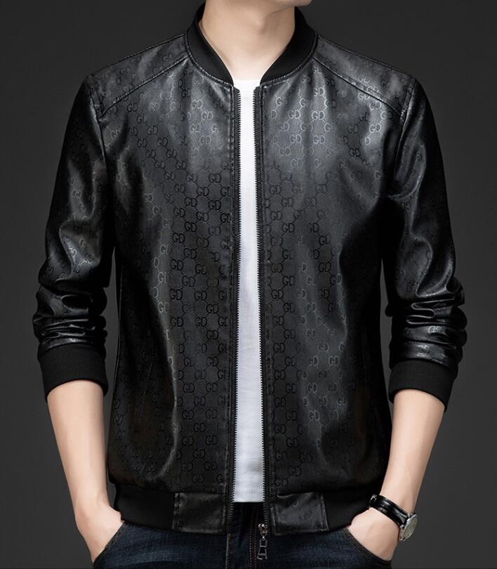 Designer luxury Men's black baseball collar leather jacket youth man spring autumn casual printed top outwear coats jacket