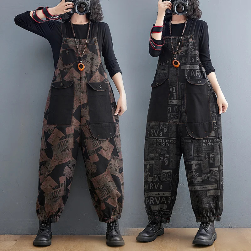 #1433 Denim Jumpsuit Women Rompers Loose Straight Harem Jeans Jumpsuits Femme Big Pockets Loose Printed Long Jumpsuits Vintage 241230