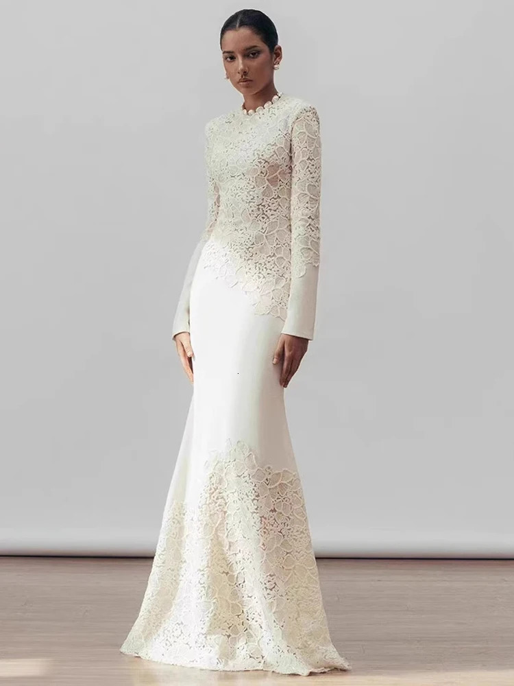 DEAT Elegant Dress Asymmetric Hollow Lace Hook Bracket Collar Fish Tail Womens Evening Dress 2025 Spring 13DL998 250103