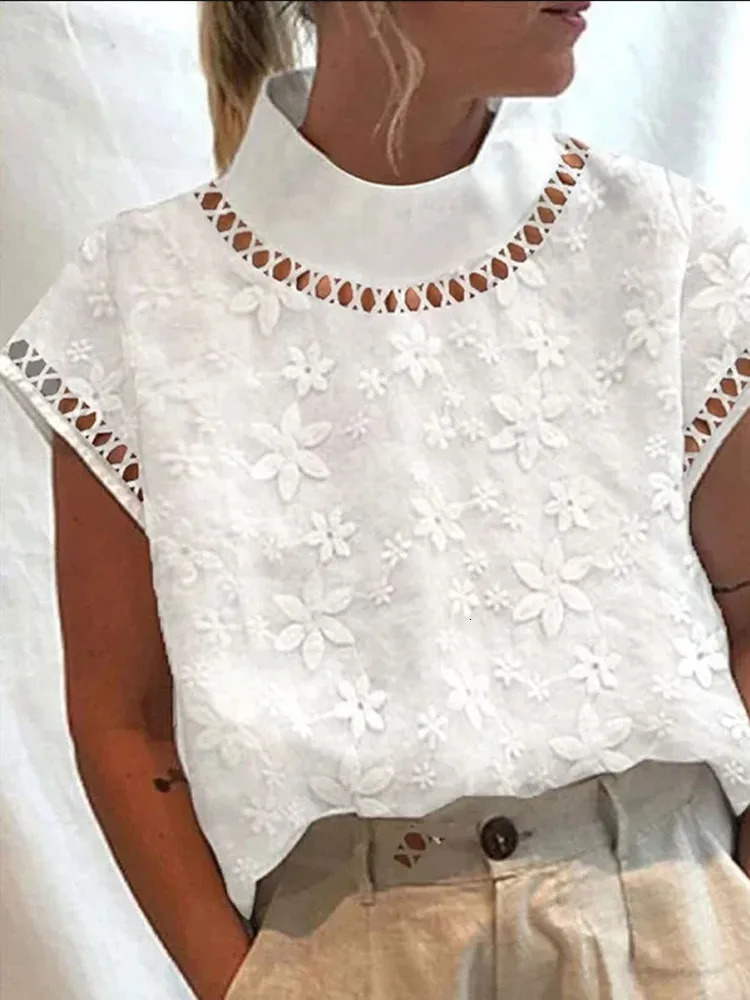White cotton linen summer womens shirt elegant solid lace hollow casual street wear office basic shirt top 241231