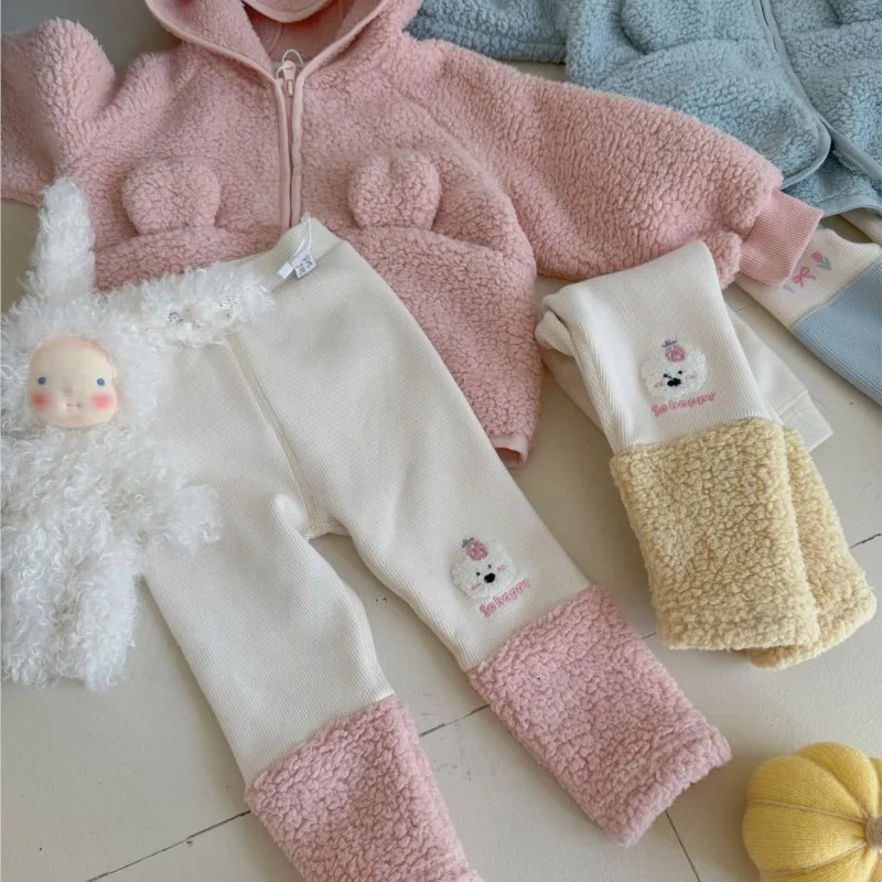 2024 Autumn Winter Korean Kids Girls 2PCS Clothes Set Solid Cartoon Hooded Hairy Warm Coat Patchwork Fleece Leggings Suit 241230