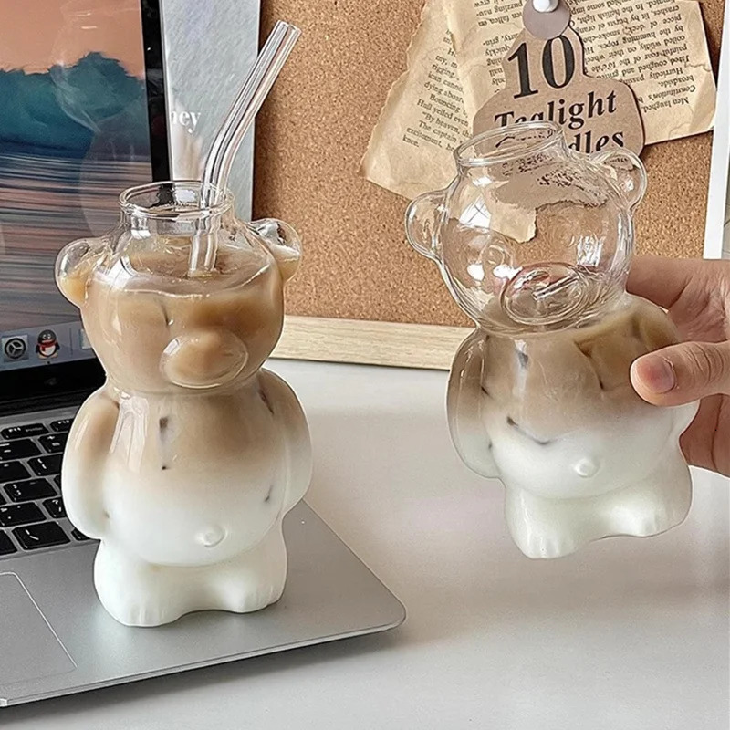 320ML Creative Cute Bear Coffee Mug with Straw Transparent Cup Beer Milk Water Cups Wholesale Glass Drinkware Set 241226