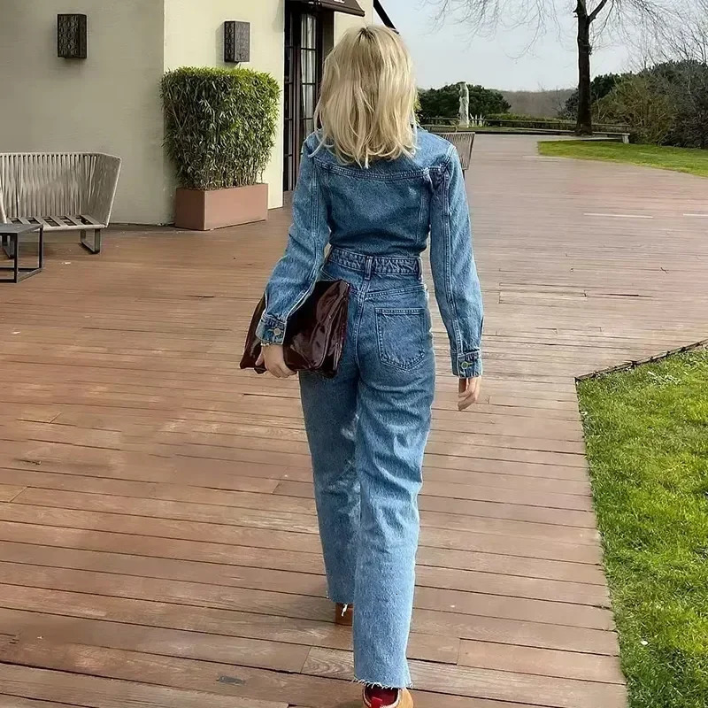 Autumn Denim Jumpsuit for Women Overalls Woman Jean Overalls Long Sleeve Elegant Jumpsuits Y2k Streetwear Turn Down Collar 241230