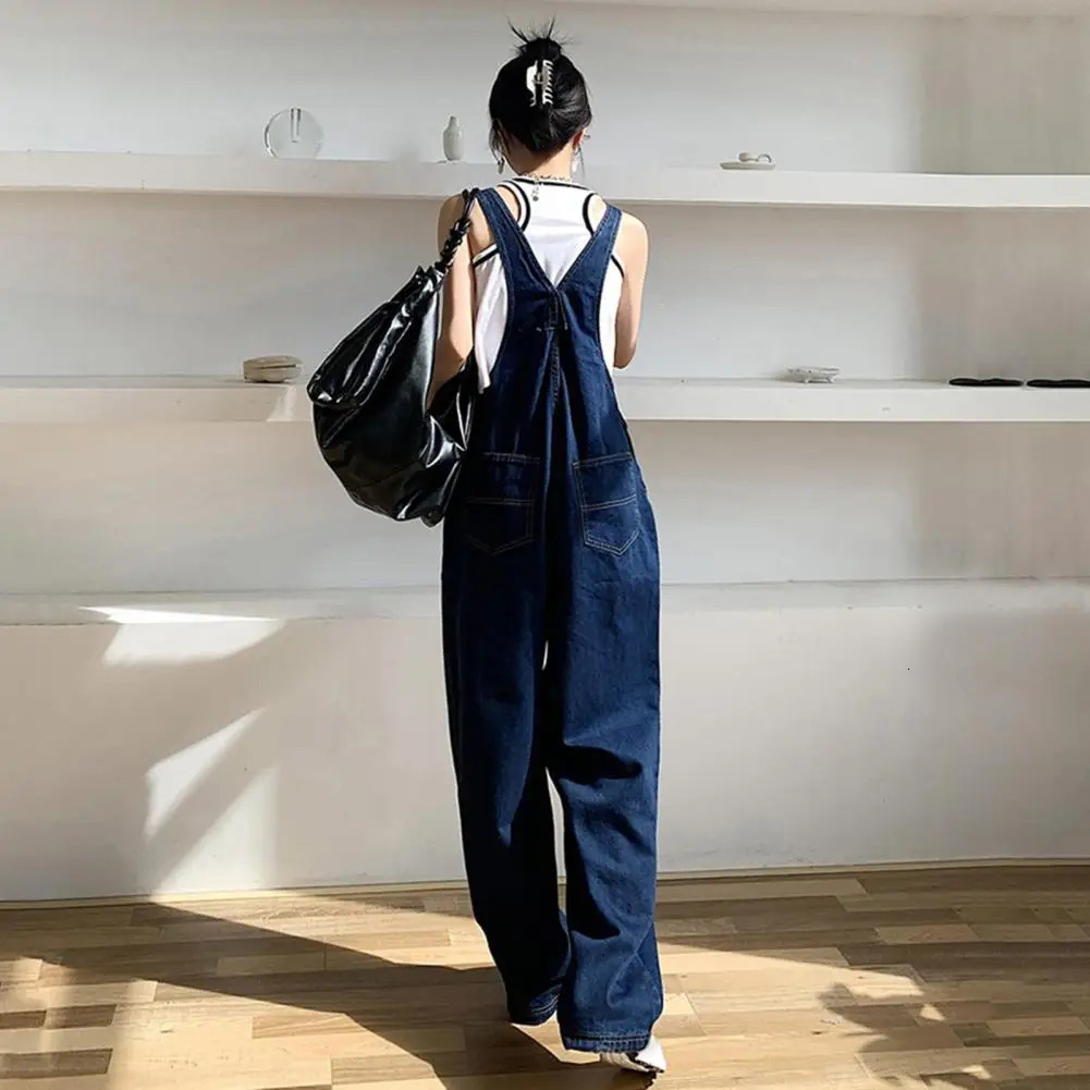 Loose Women Suspender Jumpsuit Adjsutable Strap High Waist Overalls Big Pocket Wide Leg Denim Collarless Young Style Overalls 241230
