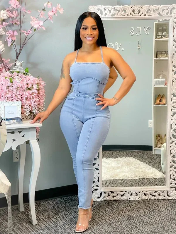 Womens Stylish Solid Color Denim Romper Casual Slim-fit and Backless Bandage Denim Romper Hang Neck Sleeveless Jumpsuit 241230