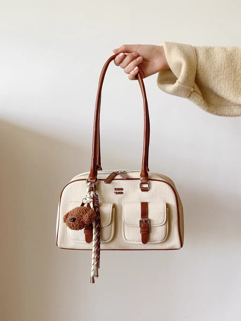 Brand Designer PU Leather And Canvas Patchwork Women's Shoulder High Quality Contrast Color Crossbody Bag Bucket Handbag