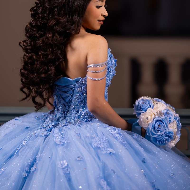 Sky Blue Quinceanera Dresses Ball Gown Off The Shoulder Applique Lace Tull Party Birthday Sweet 16 Vestido De 15 Anos