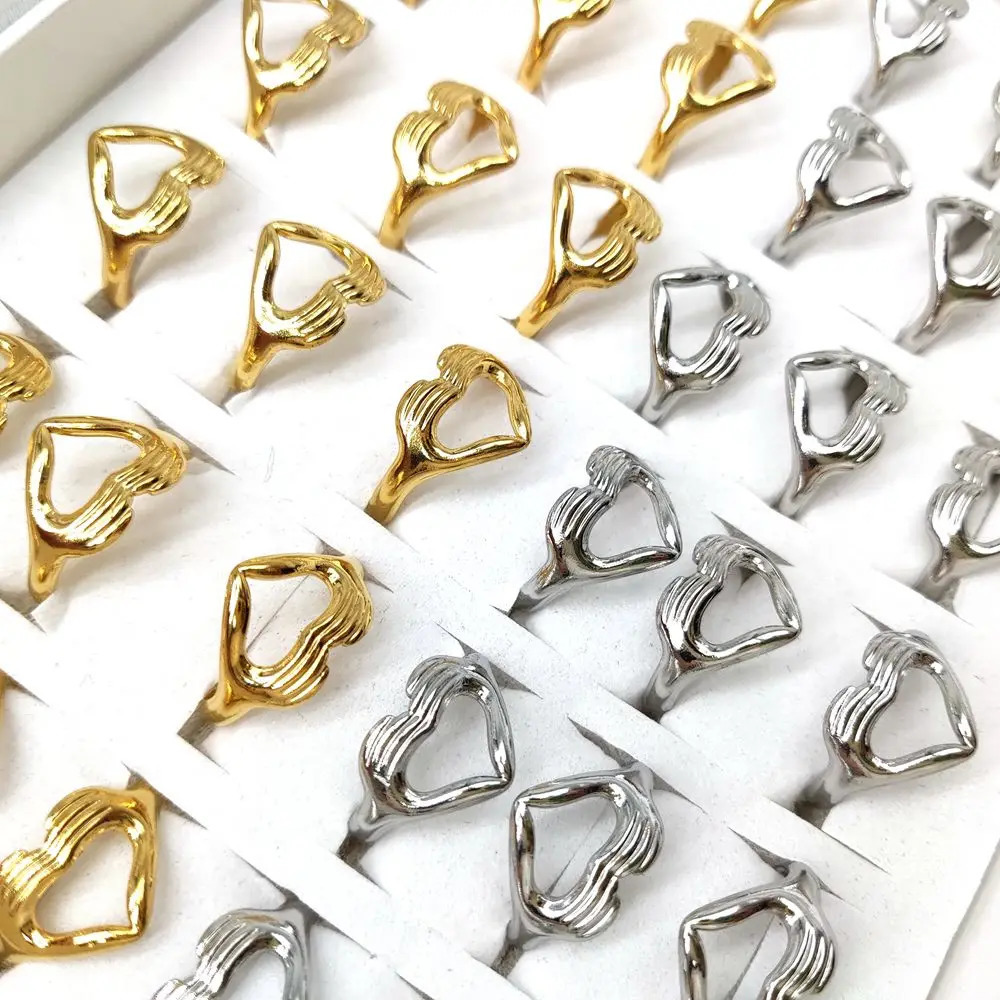 30pcs Style Mix Vintage Stainless Steel Love Hugging Hand Couples Ring Opening Adjustable Romantic Heart Hand Hug Rings 250103