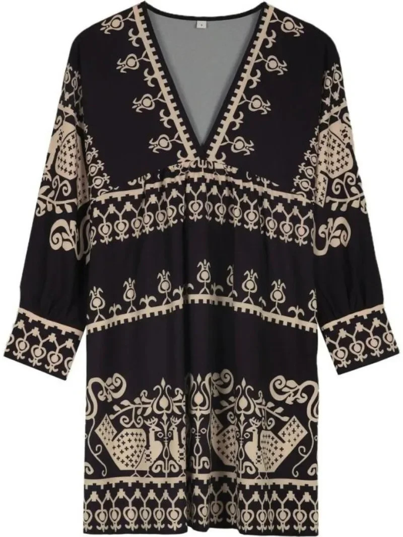 Summer Dress Bohemian Spring Womens Loose Full Body Printed Short Skirt V-neck Pulling Long Sleeve Dress 250103