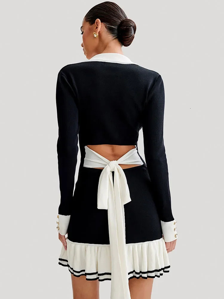 Tossy Ruffled Bow Knit Mini Dress Womens Summer Backless Contrast Cardigan Lace-Up Elegant Dress Female Knitwear Bandage Dress 250102
