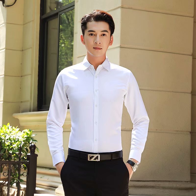 White shirt mens long sleeved slim fit no perm solid color professional business formal wear work white work suit shirt