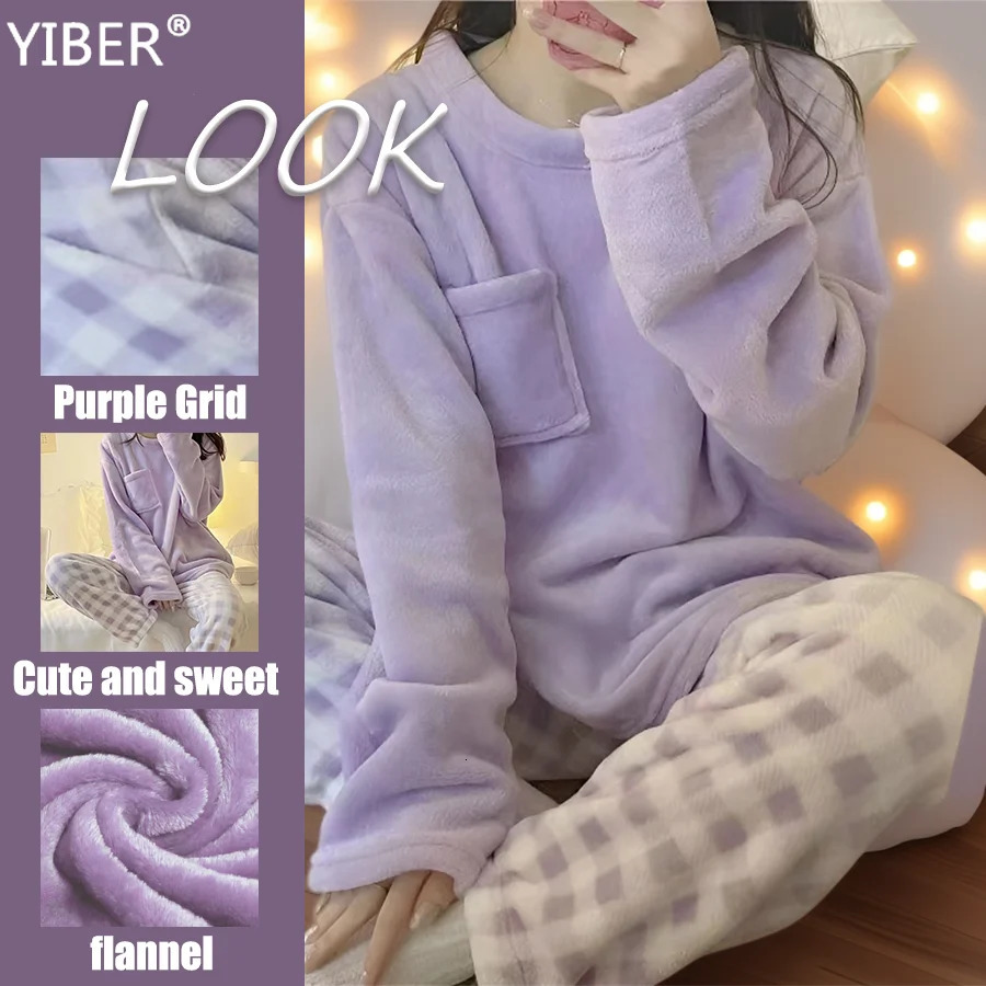 Flannel Womens Pajamas Warm Thicken Casual Solid Top Plaid Winter Sleepwear Cute Soft Pullover Trousers Set 250103