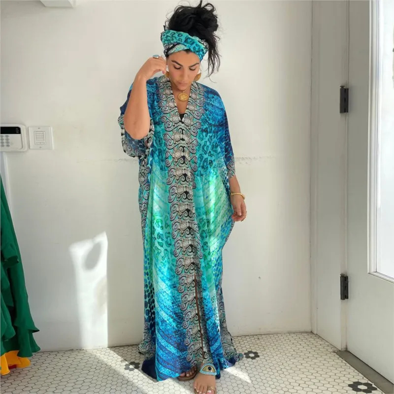 Summer Bikini Womens Long Attic Printed Swimsuit Cover Casual Beach Maxi Dress Abaya Beach Dress Bohemian Dress 250103
