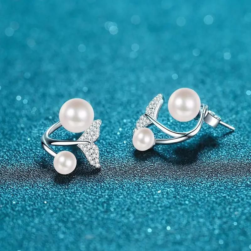 S925 Sterling Silver Women Earrings Mermaid Tail Two Wearing Earrings 8mm Pearl Classic Style 250103