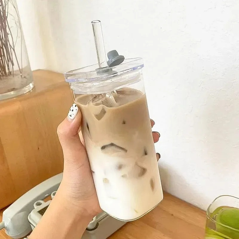 1Pcs Square Heat Resistant Coffee Glass Cup With Lid and Straw Transparent Milk Tea Juice Cups Mug For Home Bar Drinkware 241226
