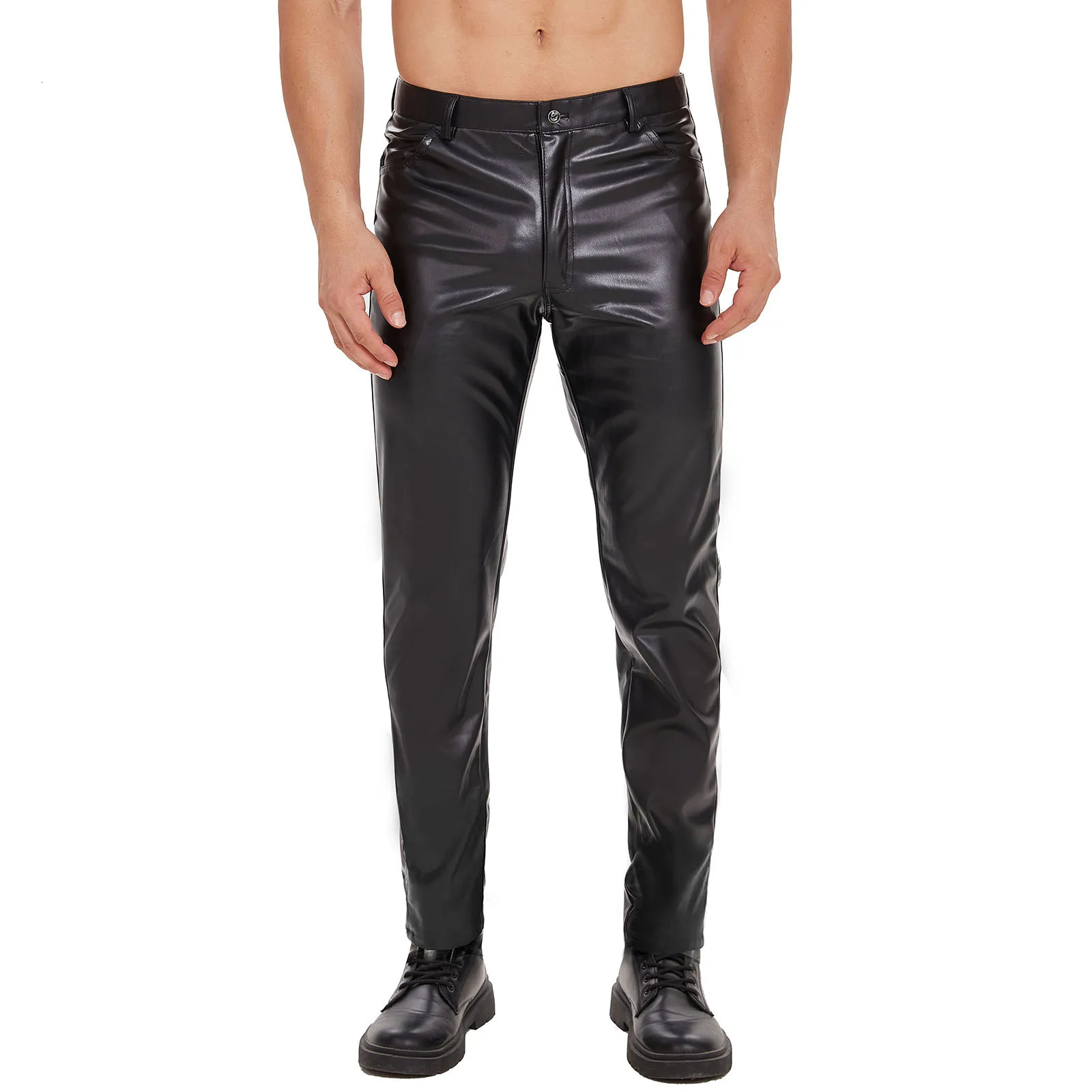 Men Shiny Leather Straight Pants Sexy Zipper Open Crotch Soft Matte Leather Casual Trousers Male High Elastic Shaping Leggings 250103