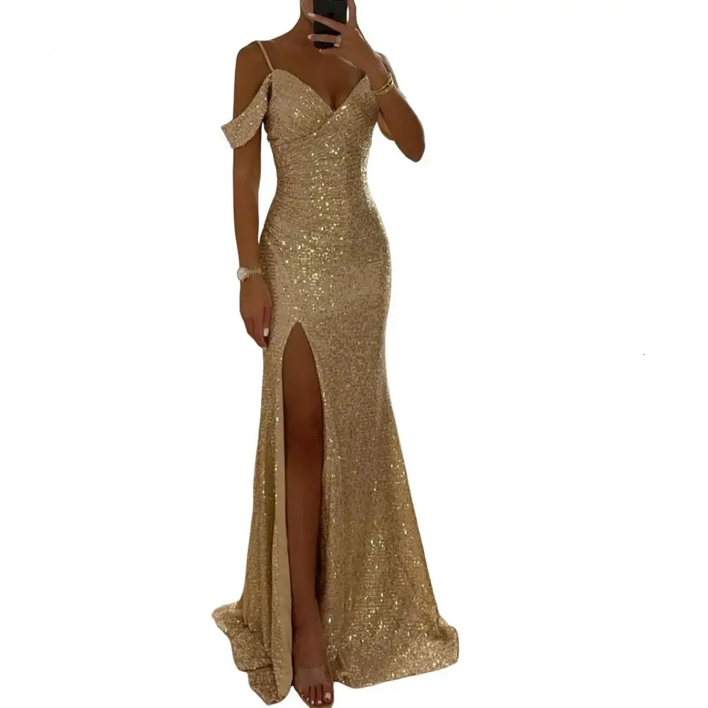 Women Sequin Suspender Dress Long Elegant Ball Gown for Prom Wedding Parties Off Shoulder V Neck Maxi Banquets 250103