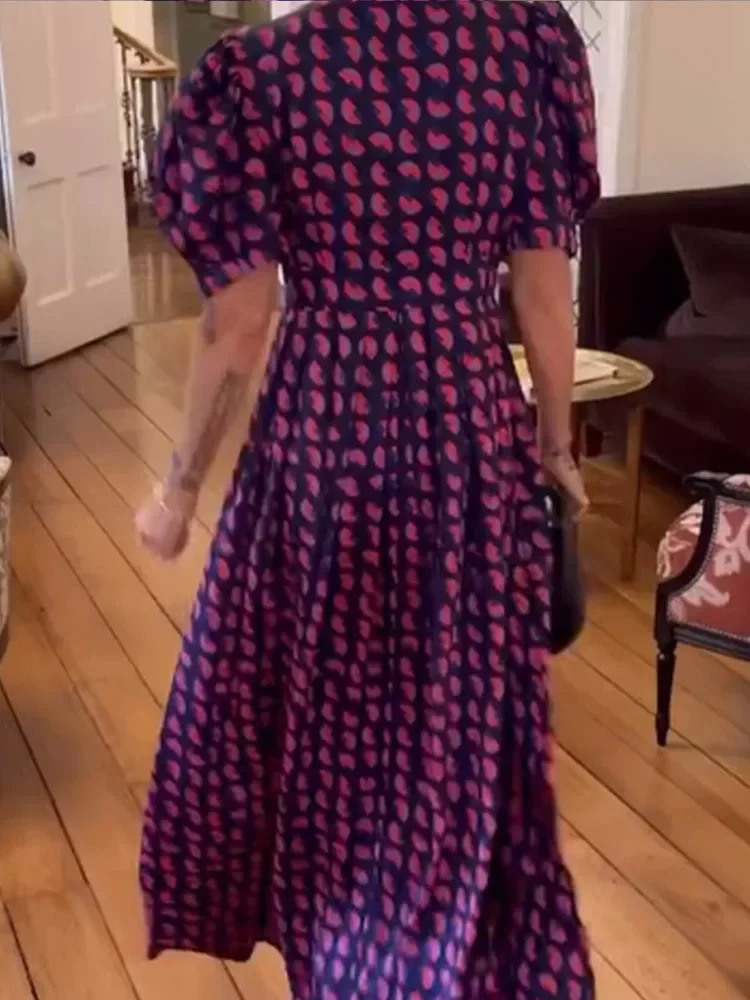 Elegant purple womens printed high waisted long robe sexy deep V-neck slim fit printed long skirt 2025 womens vacation vest 250103