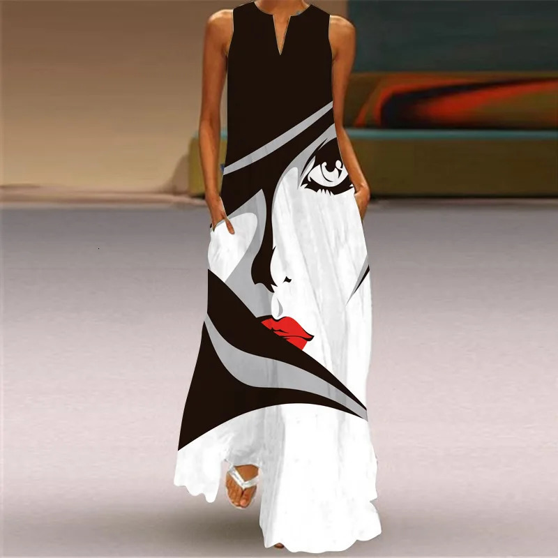 Fashionable V-neck printed sleeveless womens Maxi dress summer casual loose straight beach long dress womens Sundress womens Vestidos 250103