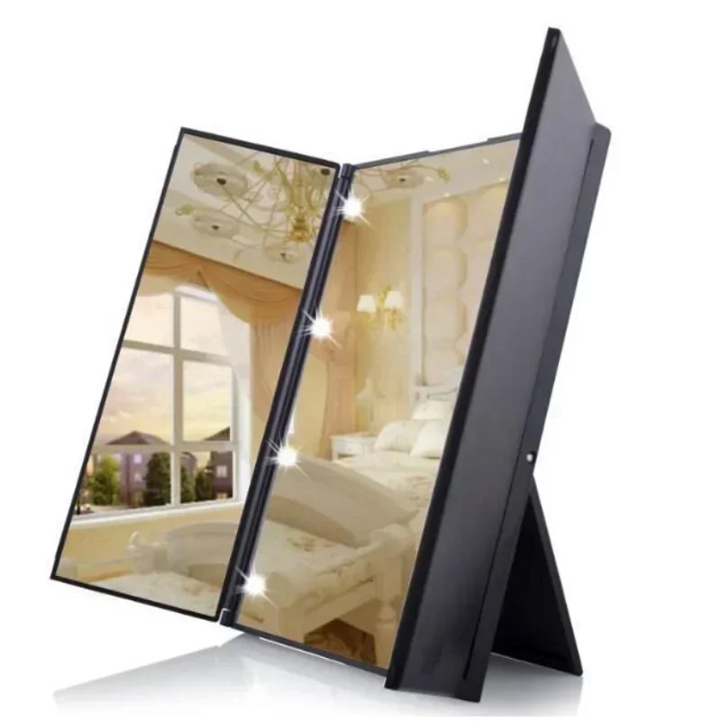 Portable LED Three Sided Makeup Mirror with Folding n Travel Handheld Compact Vanity Cosmetic Mirror with Adjustable Stand 250103