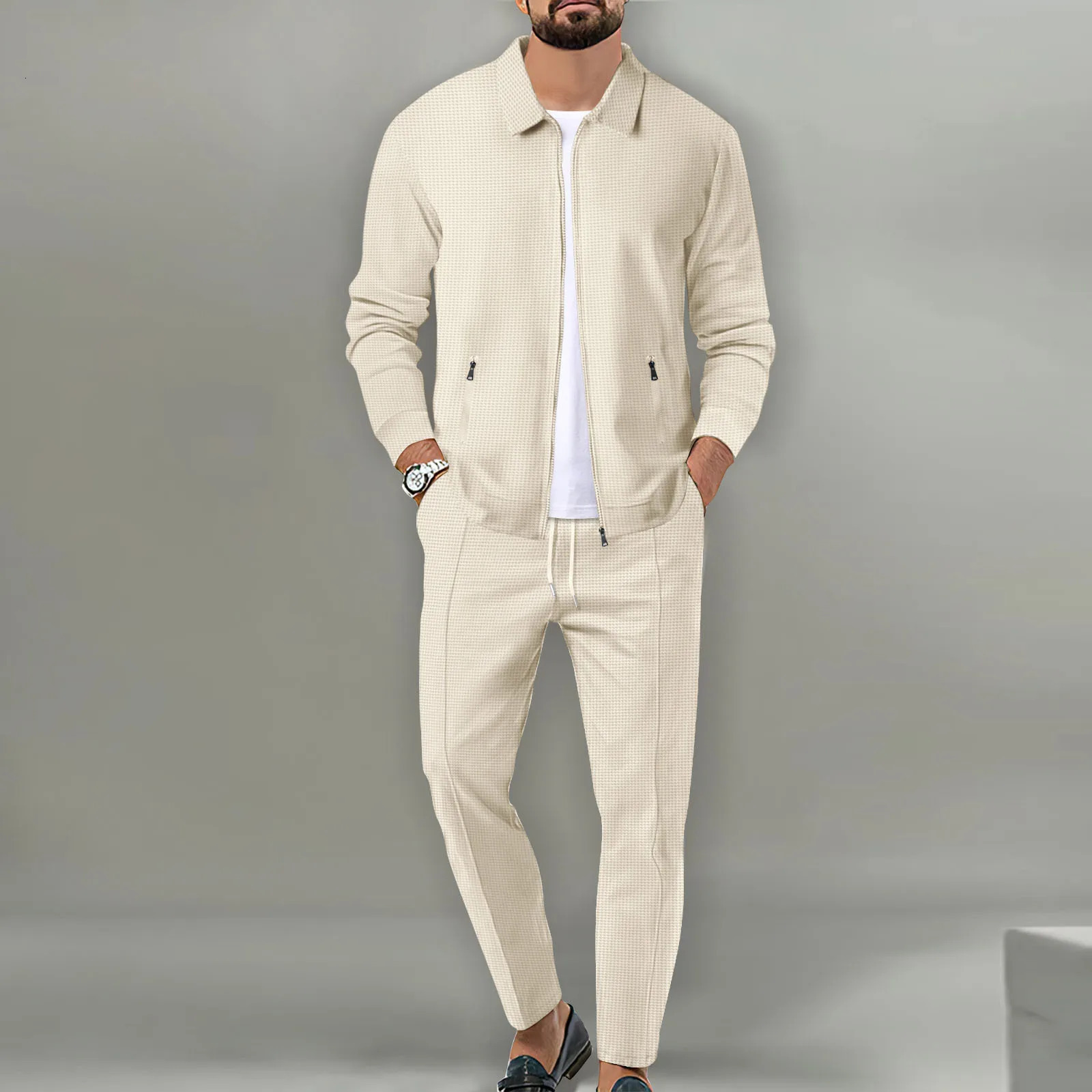 Mens Jacket POLO Shirt 2 sets Long Sleeve Casual Fashion Commercial Breathable lapel Pants pull Rope Solid Color Men 2 set 250102