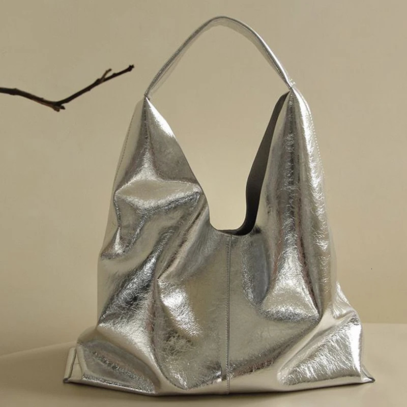 Large Capacity Silver Hobos Bags for Women and Shoulder Shopping Handbags in Soft Tote PU Leather 250102