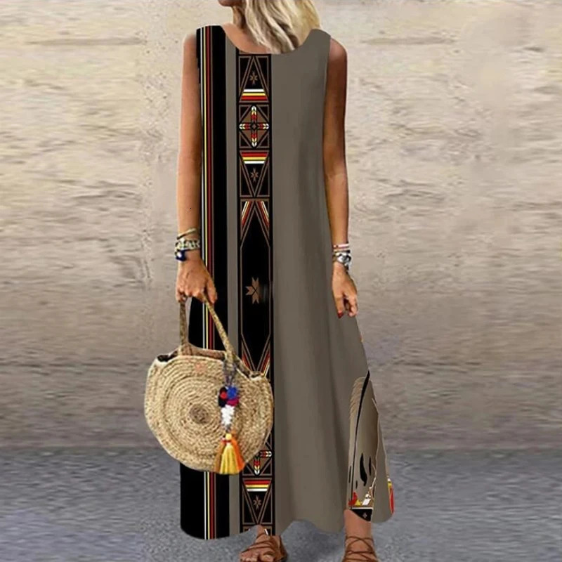 Womens sleeveless printed dress O-neck straight loose fashion elegant commuting long casual spring summer 250103