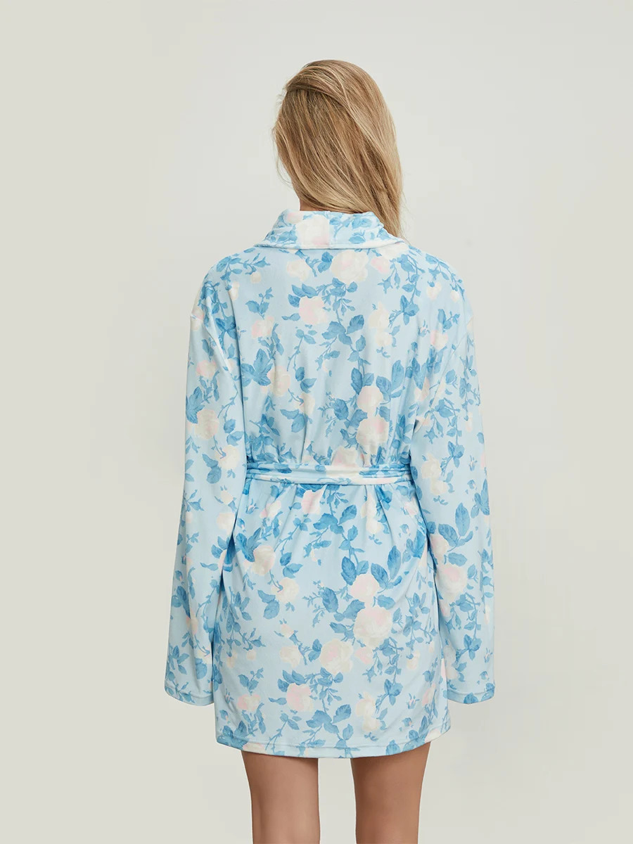 Women Soft Cotton Long Robe Floral Fruit Print Flannel Shawl Collar Dressing Gown Bathrobe Warm Lounge Robe Pjs Sleepwear 250102