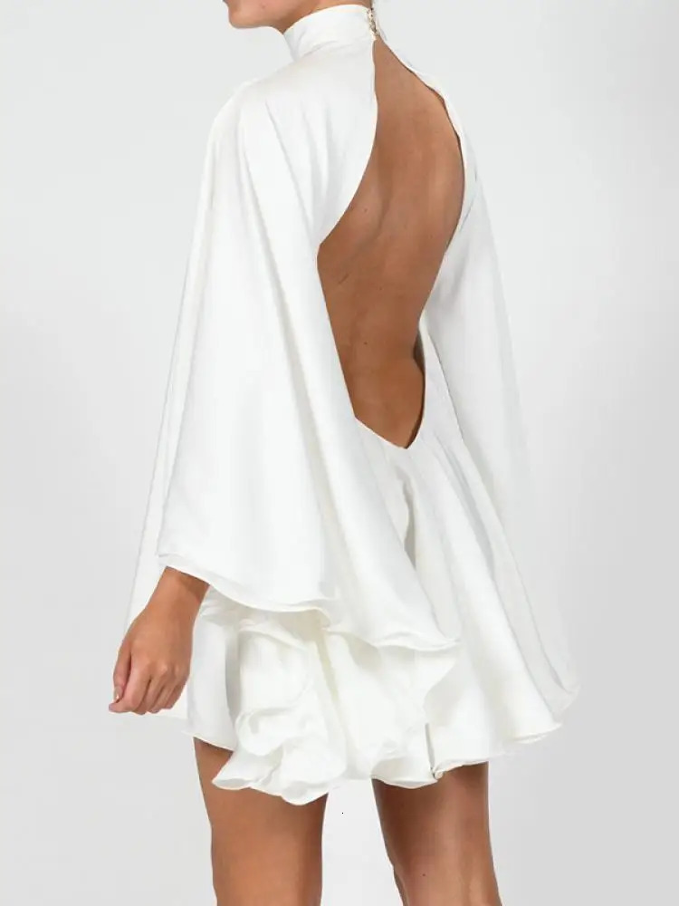 Modigirl Womens White Turtleneck Long Ruffled Sleeves Backless Dress Summer Autumn Elegant Party Mini Dress Woman 250103