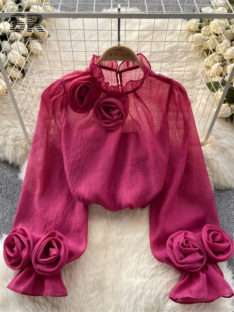 SINGREINY Ruffles Flower Loose Women Shirt Elegant O Neck Long Sleeve Transparent Thin Ladies Mesh Casual Fashion Chic Blouse 241230