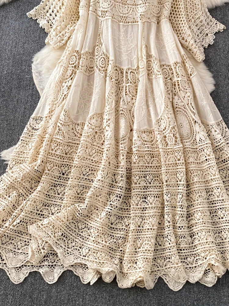 XFPV Womens Hollow Knitted Short Sleeve Elegant Medium length Dress Vestidos Y2k Korean Fashion Spring/Summer 2025 SM11611 250103