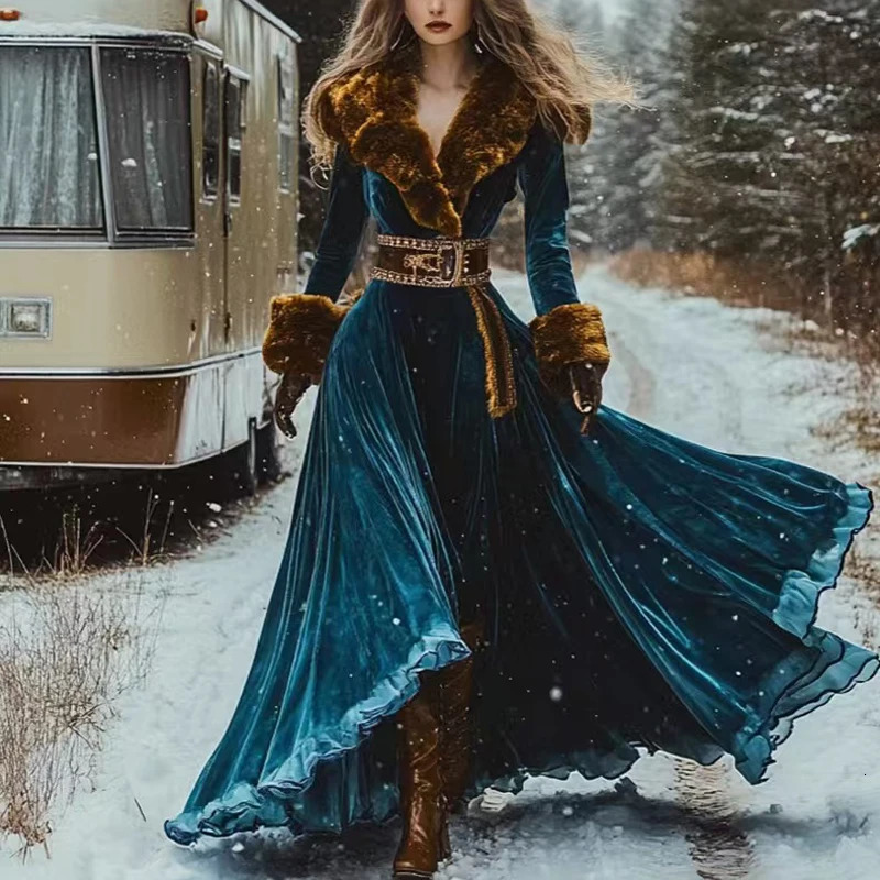 Winter ethnic hair collar gold velvet party dress sexy womens printed feather Bosnia and Herzegovina long skirt retro high waisted vacation dress 2501