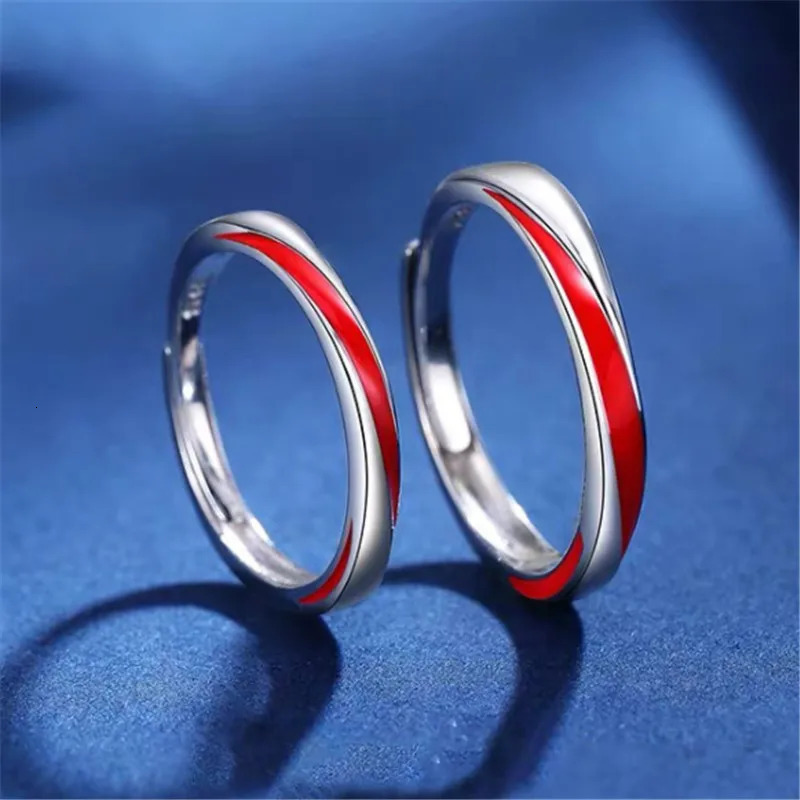 Drop Couples Rings Red Enamel Adjustable Finger Ring Silver-Color Ring For Women Men Statement Jewelry 250103