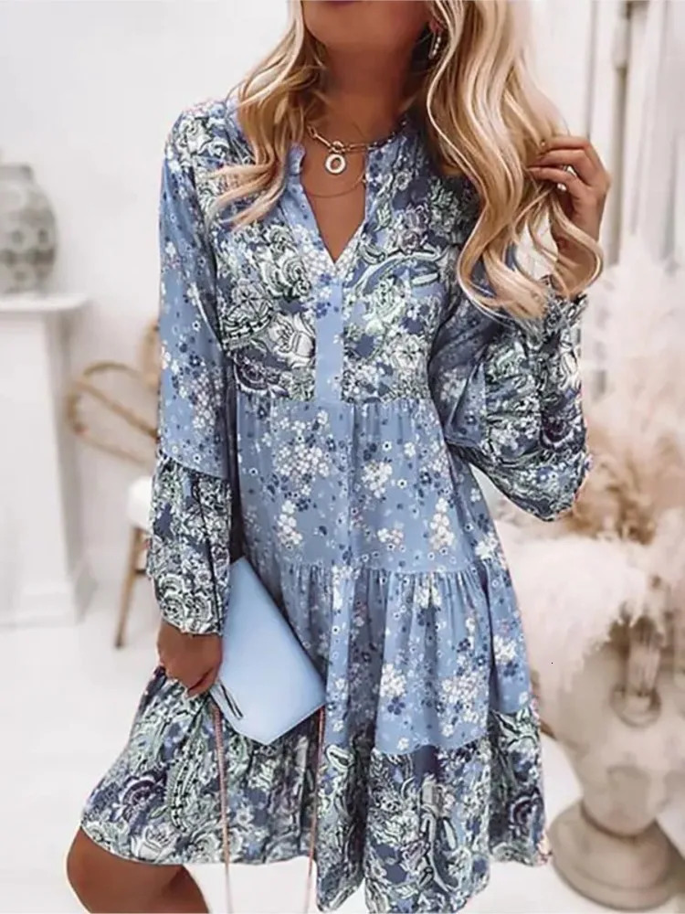 Womens floral print midi dress elegant pleated flame sleeve casual dress womens V-neck loose bohemian beach holiday dress 250103