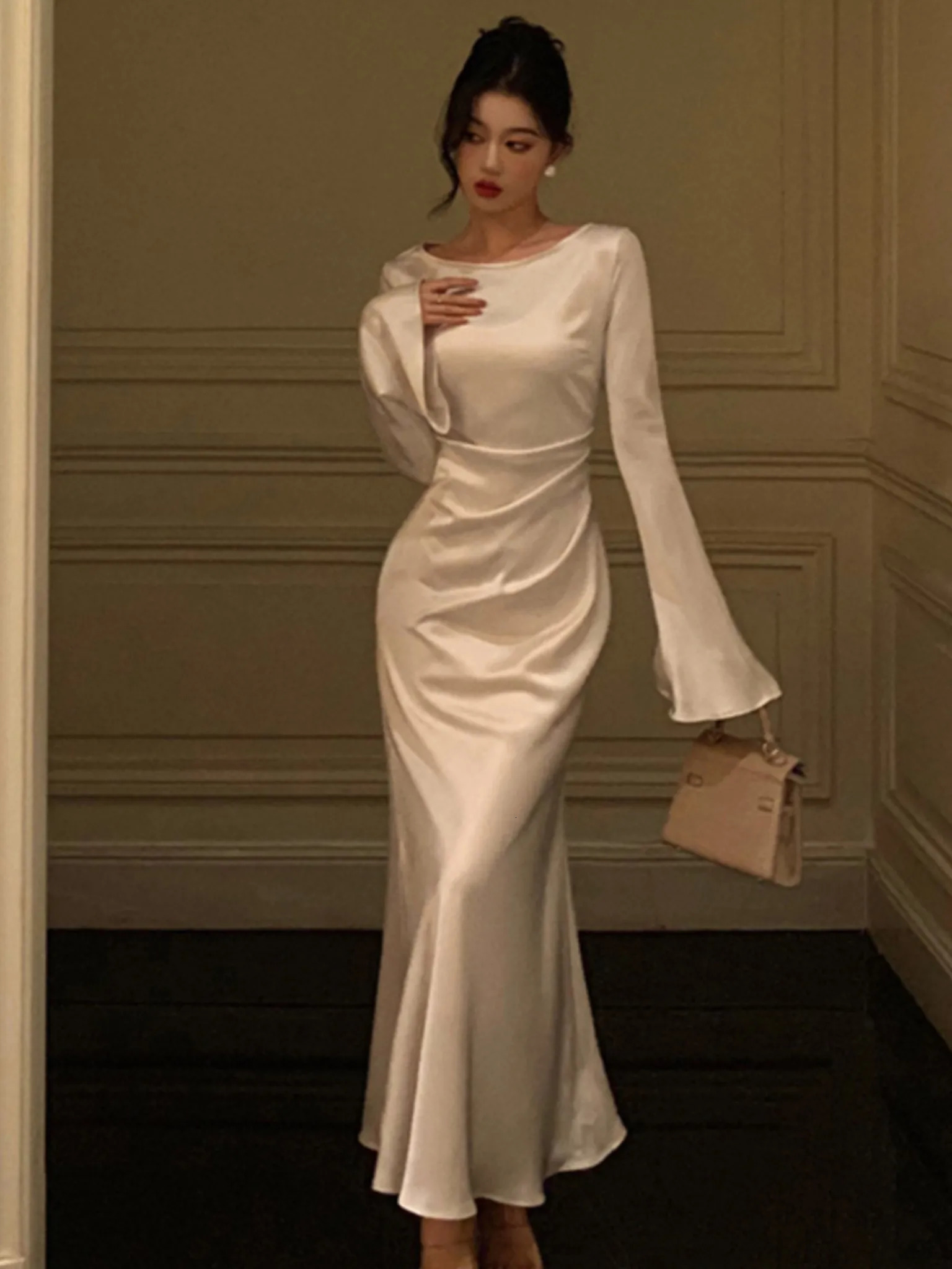 Elegant Flare Sleeve Wedding Mermaid Long Dress Women Spring Autumn French Vintage Slim One Piece Party Robe Mujers Clothes 250103