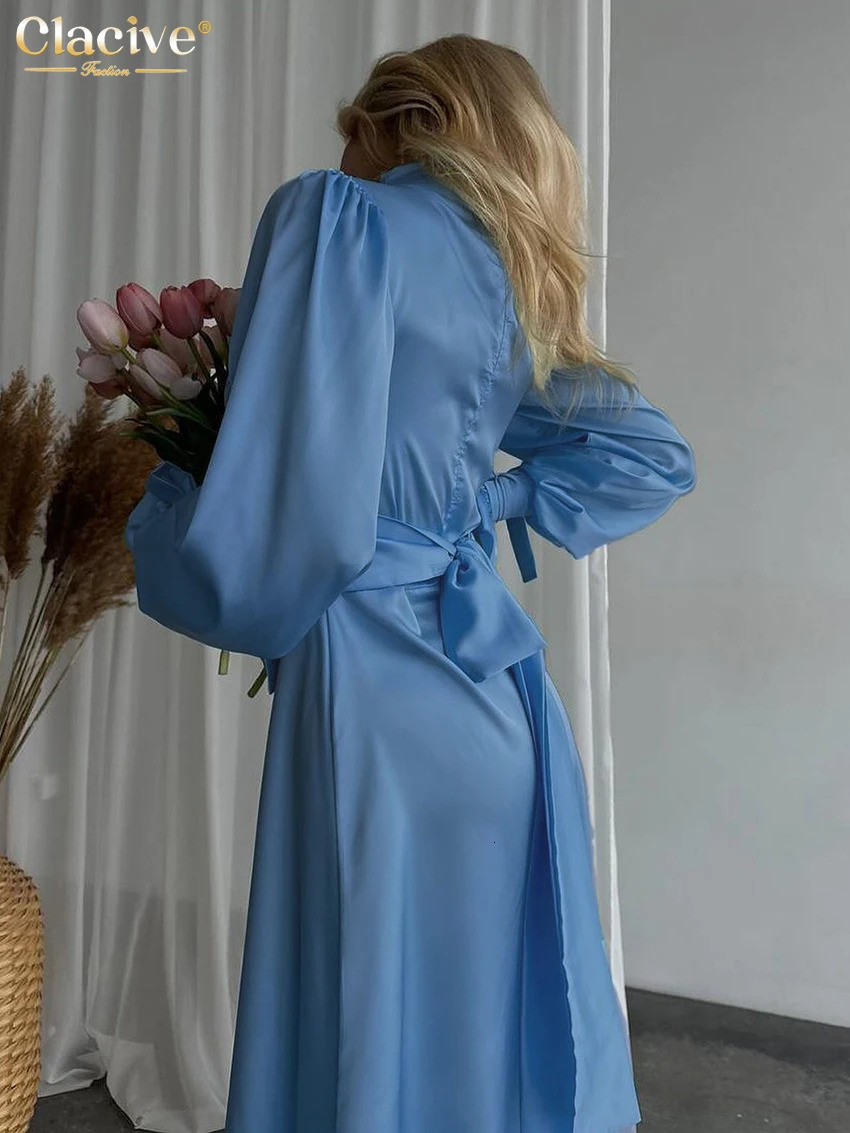 Clacive Fashion Loose Green Satin Womens Dress 2025 Elegant Upright Collar Long Sleeve Midi Dress Casual Classic Womens Dress 250103