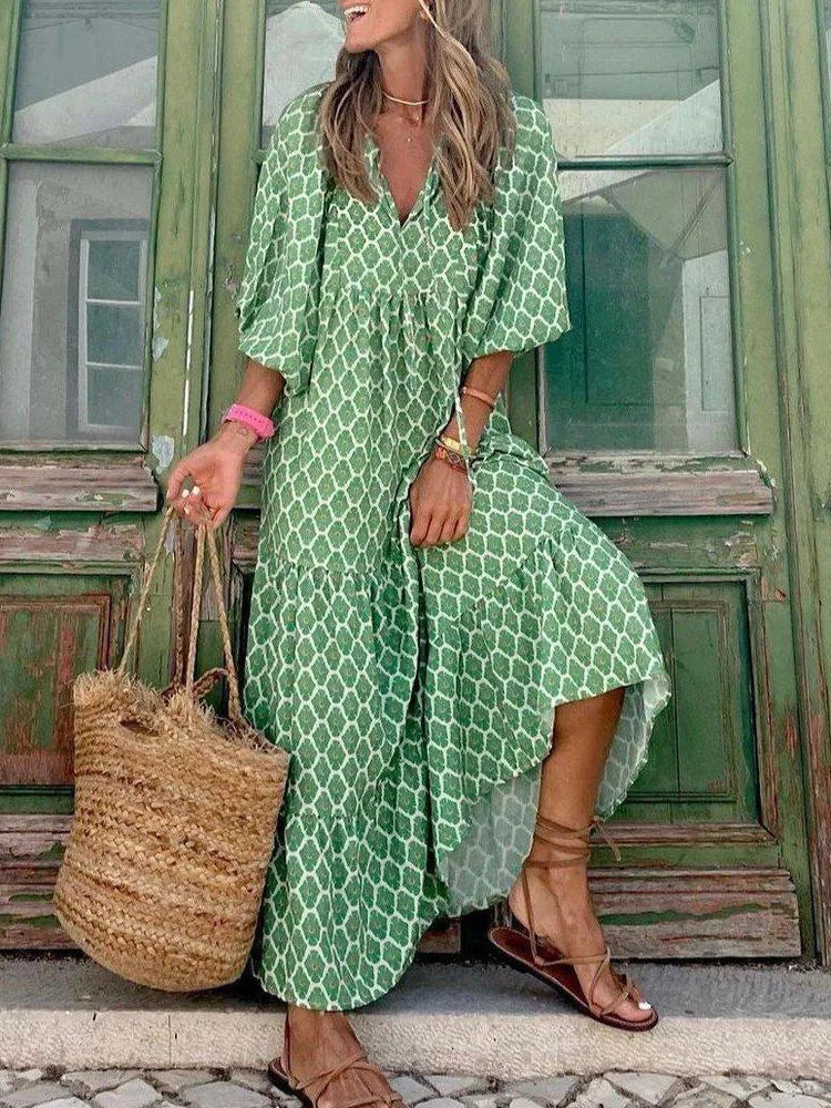 Fashionable womens printed summer loose bohemian dress casual elegant short sleeved beach party dress womens long robe style 250103