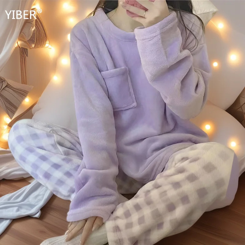 Flannel Womens Pajamas Warm Thicken Casual Solid Top Plaid Winter Sleepwear Cute Soft Pullover Trousers Set 250103