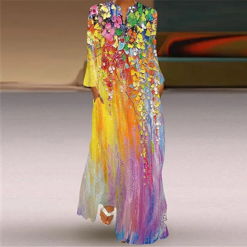 Bohemian long sleeved loose fitting womens V-neck casual dress with pocket printed womens clothing 250103