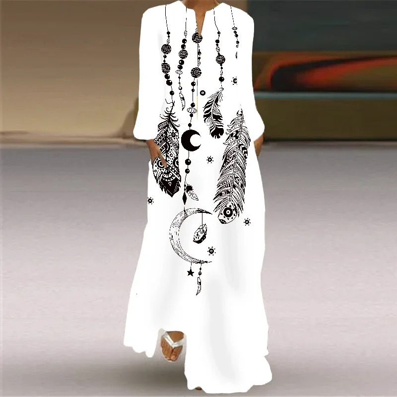 Bohemian long sleeved loose fitting womens V-neck casual dress with pocket printed womens clothing 250103