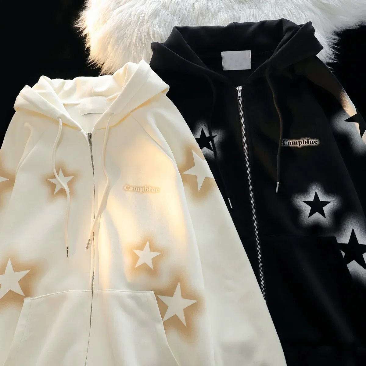 American Vintage Star Print Hoodies Women Harajuku Kpop Oversized Sweatshirts Y2K Aesthetic Zipper Tops Jacket Korean Streetwear 250102