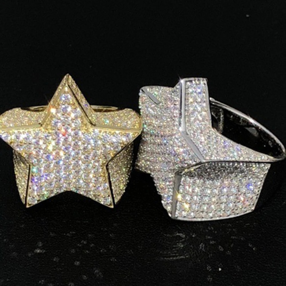 AZ Five-Star Iced Out Rings Mens Gold Silver Color Bling Cubic Zirconia Jewelry Ring Gifts Couple Wedding Rings Women Jewelry 250103