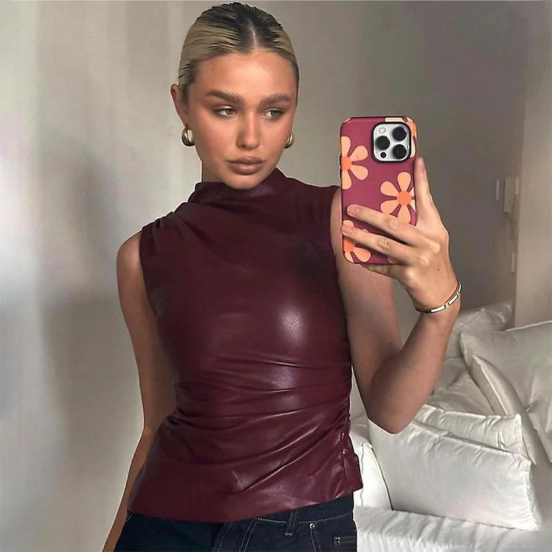 Gtpdpllt PU Leather Can Top Fashion Asymmetric Ruffle Sleeveless Shirt Winter Sexy Womens T-shirt Y2K Clothing 250103