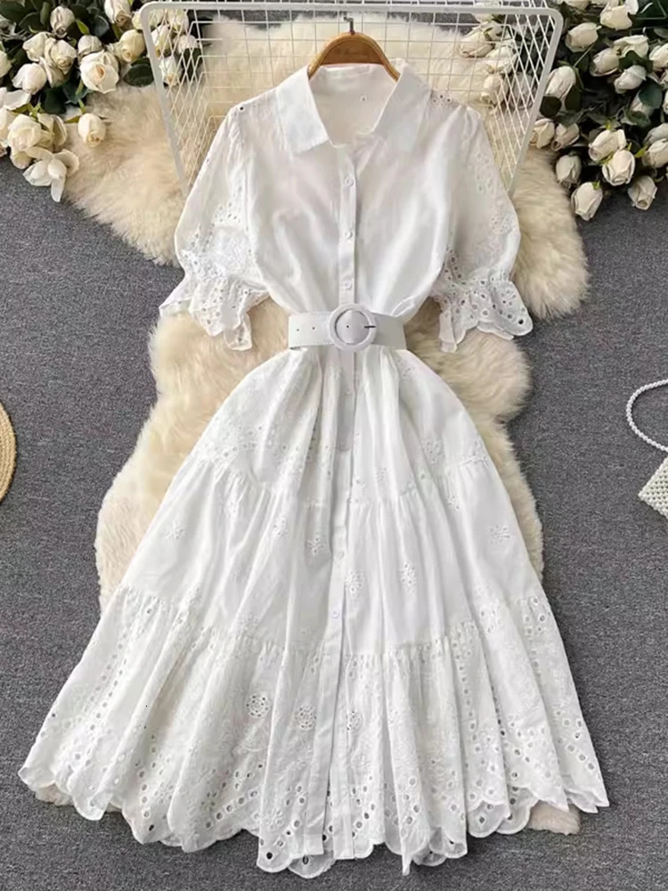 XFPV Women Light Hollow Out High Waist A-line Dresses Lapel Puff Sleeve Loose Mid Length Vestidos Summer 2025 SM10995 250103