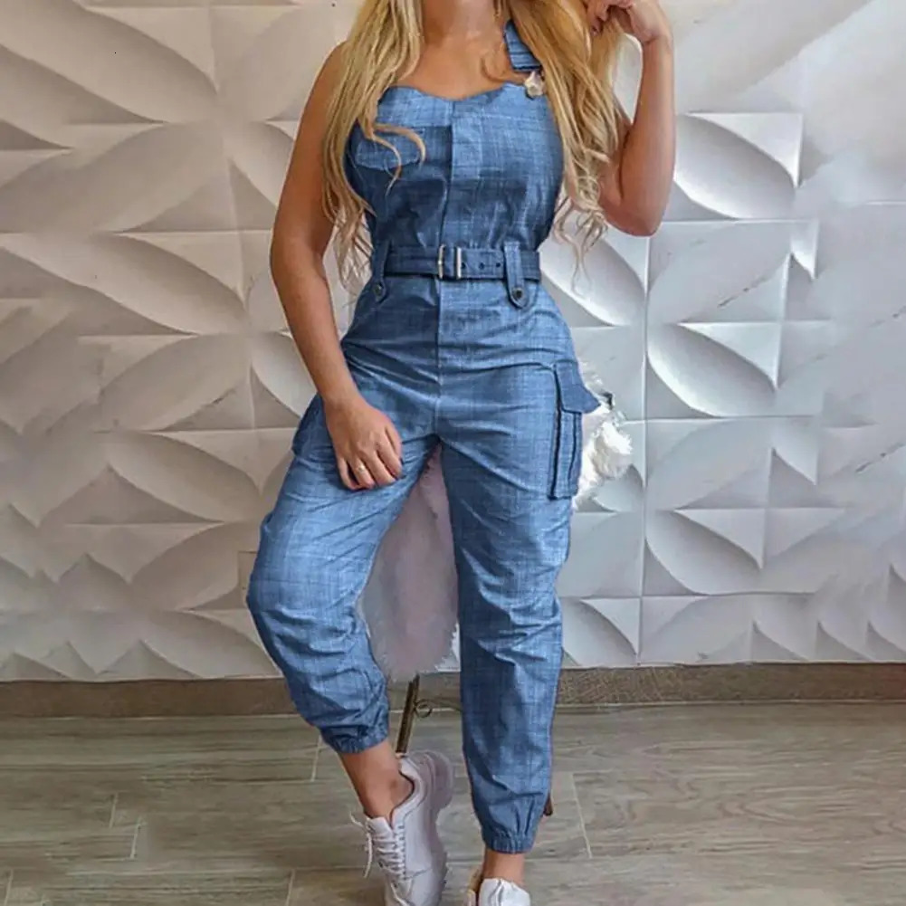 Women Bodycon Jumpsuit High Waist Halter Cargo Jumpsuit Summer Slim Trendy Casual Pocket Halter Overall Women Pants monos mujer 241230