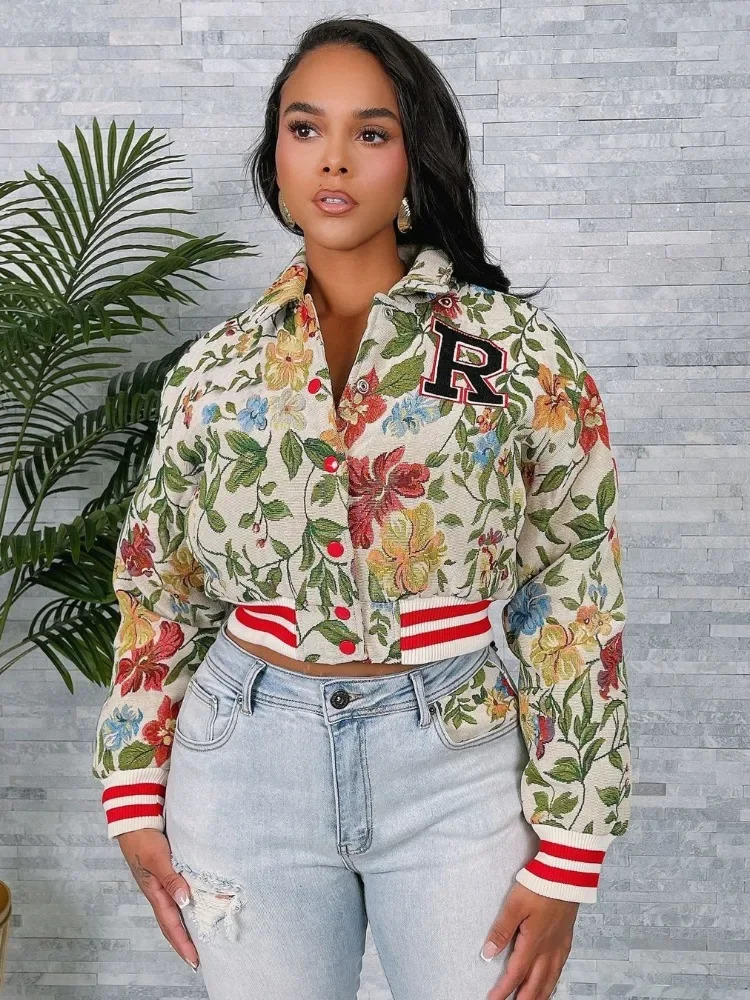 Leosoxs Flower Print Coat Crop Tops Women Autumn Lapel Long Sleeve Button Baseball Jacket Winter Warm Outerwear Streetwear y2k 250103