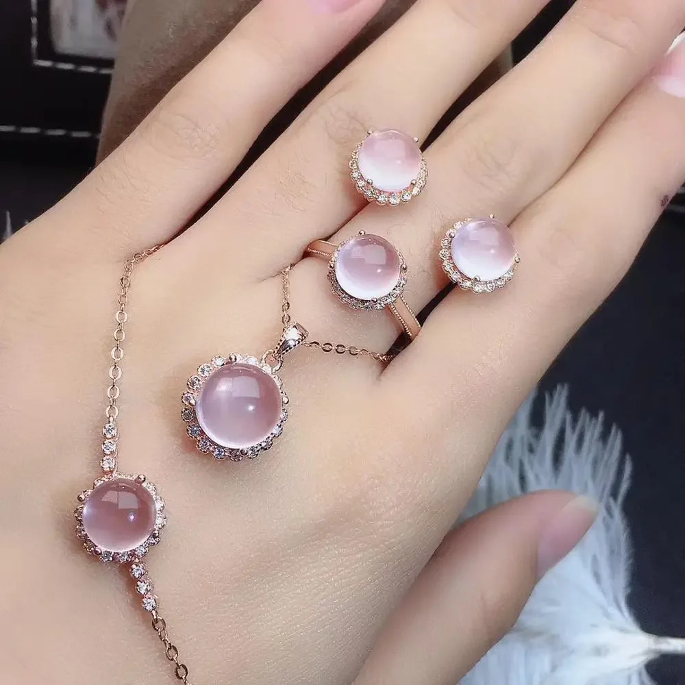 Fine Jewelry 925 Sterling Silver Inlaid Natural Rose Quartz Ring Pendant Earring Bracelet Set Supports Test 250102